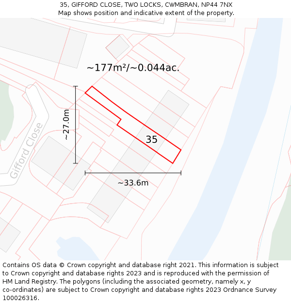35, GIFFORD CLOSE, TWO LOCKS, CWMBRAN, NP44 7NX: Plot and title map