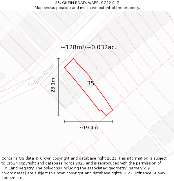35, GILPIN ROAD, WARE, SG12 9LZ: Plot and title map