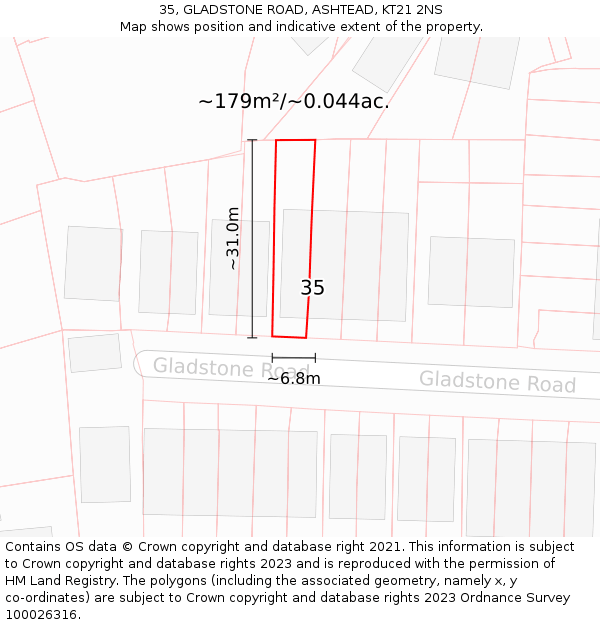 35, GLADSTONE ROAD, ASHTEAD, KT21 2NS: Plot and title map