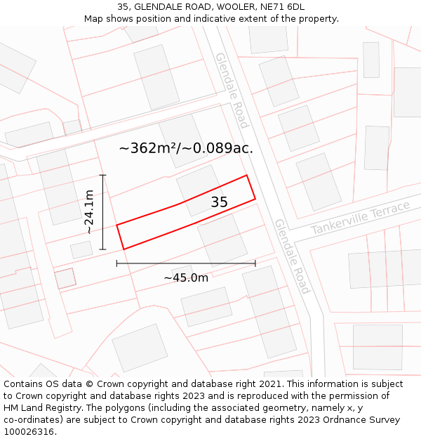 35, GLENDALE ROAD, WOOLER, NE71 6DL: Plot and title map