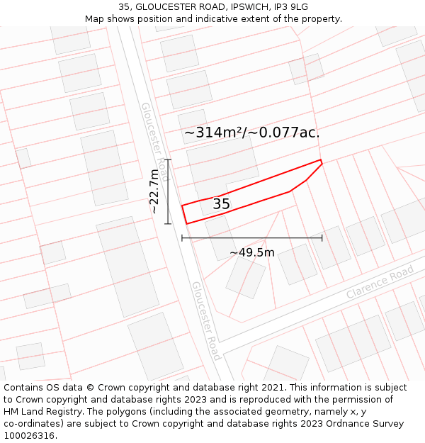 35, GLOUCESTER ROAD, IPSWICH, IP3 9LG: Plot and title map