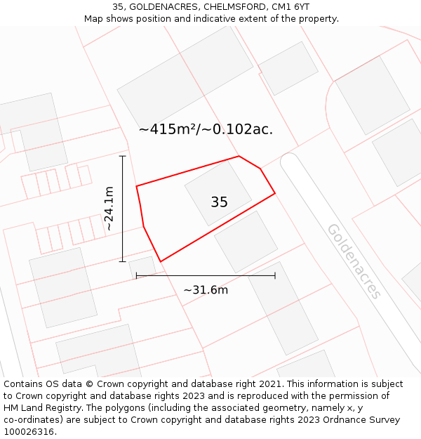 35, GOLDENACRES, CHELMSFORD, CM1 6YT: Plot and title map