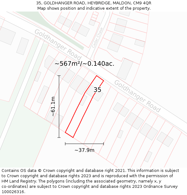 35, GOLDHANGER ROAD, HEYBRIDGE, MALDON, CM9 4QR: Plot and title map