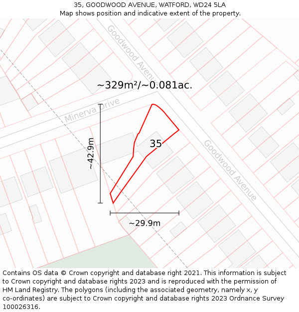 35, GOODWOOD AVENUE, WATFORD, WD24 5LA: Plot and title map