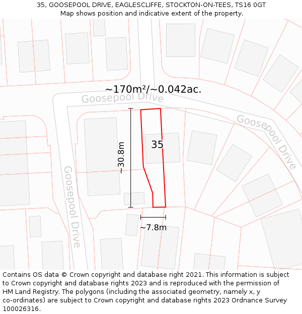 35, GOOSEPOOL DRIVE, EAGLESCLIFFE, STOCKTON-ON-TEES, TS16 0GT: Plot and title map