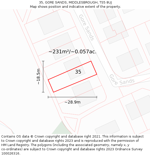 35, GORE SANDS, MIDDLESBROUGH, TS5 8UJ: Plot and title map