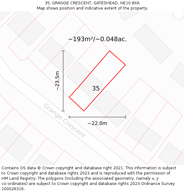 35, GRANGE CRESCENT, GATESHEAD, NE10 8XA: Plot and title map