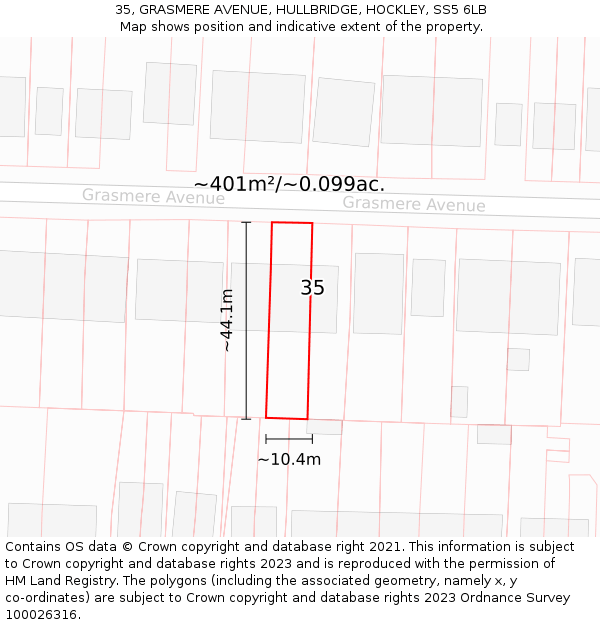 35, GRASMERE AVENUE, HULLBRIDGE, HOCKLEY, SS5 6LB: Plot and title map