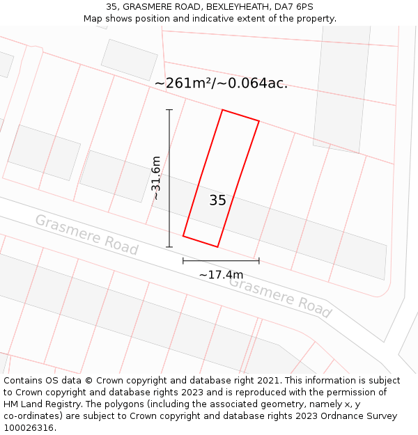 35, GRASMERE ROAD, BEXLEYHEATH, DA7 6PS: Plot and title map