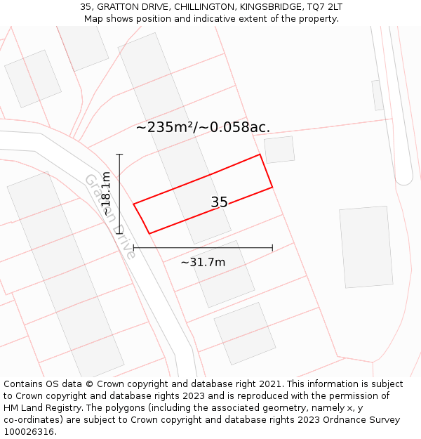 35, GRATTON DRIVE, CHILLINGTON, KINGSBRIDGE, TQ7 2LT: Plot and title map