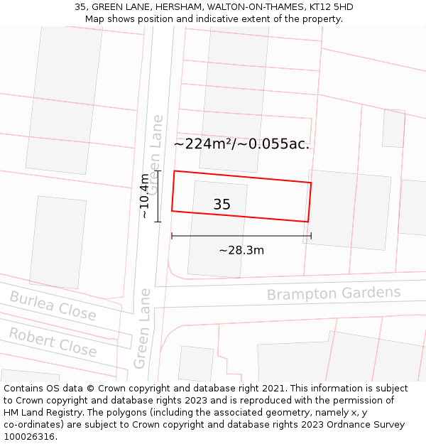 35, GREEN LANE, HERSHAM, WALTON-ON-THAMES, KT12 5HD: Plot and title map