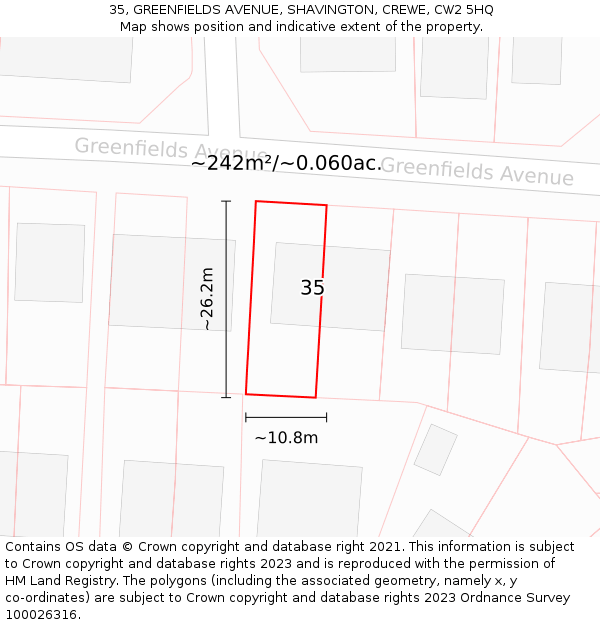 35, GREENFIELDS AVENUE, SHAVINGTON, CREWE, CW2 5HQ: Plot and title map