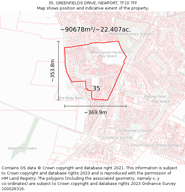 35, GREENFIELDS DRIVE, NEWPORT, TF10 7FF: Plot and title map