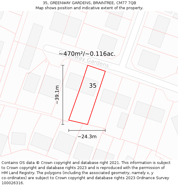 35, GREENWAY GARDENS, BRAINTREE, CM77 7QB: Plot and title map