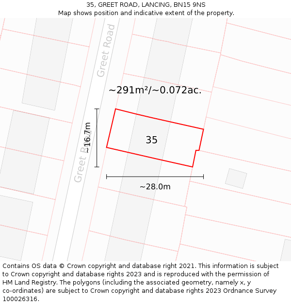 35, GREET ROAD, LANCING, BN15 9NS: Plot and title map