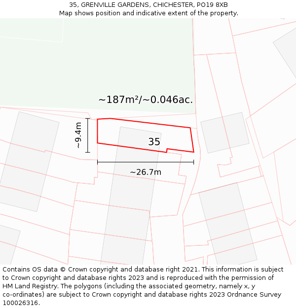35, GRENVILLE GARDENS, CHICHESTER, PO19 8XB: Plot and title map