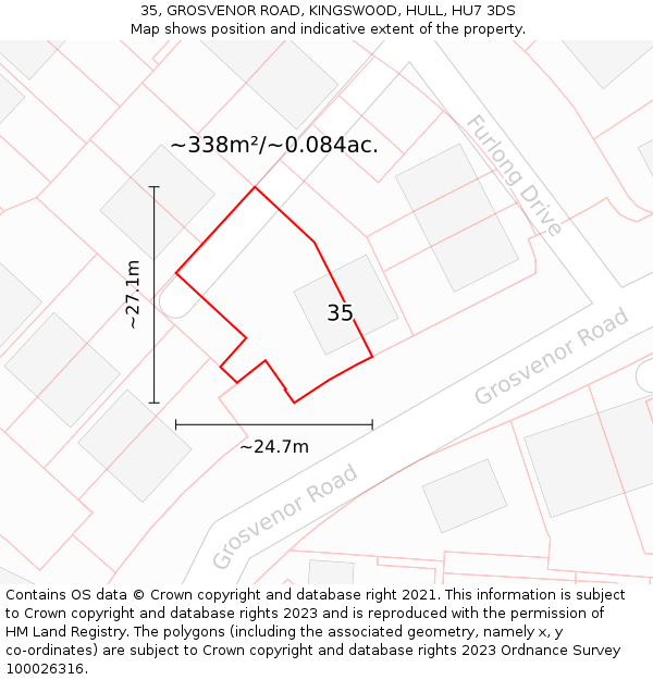 35, GROSVENOR ROAD, KINGSWOOD, HULL, HU7 3DS: Plot and title map