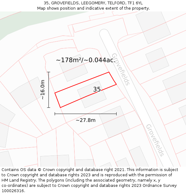 35, GROVEFIELDS, LEEGOMERY, TELFORD, TF1 6YL: Plot and title map