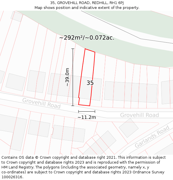 35, GROVEHILL ROAD, REDHILL, RH1 6PJ: Plot and title map