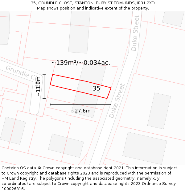35, GRUNDLE CLOSE, STANTON, BURY ST EDMUNDS, IP31 2XD: Plot and title map