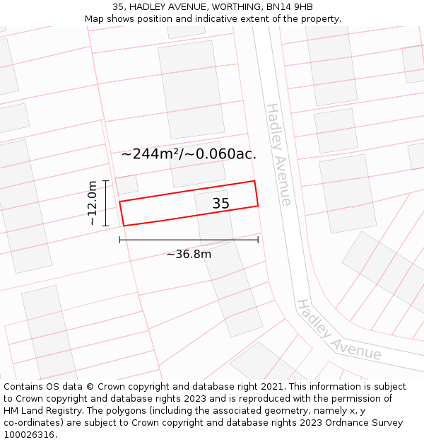 35, HADLEY AVENUE, WORTHING, BN14 9HB: Plot and title map