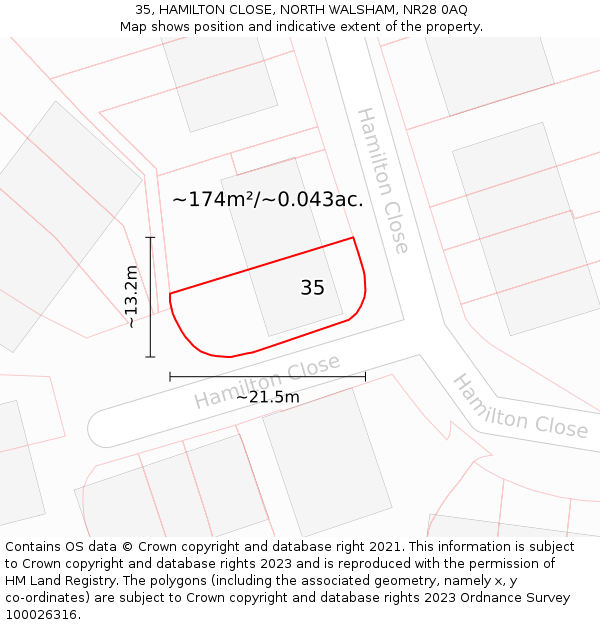 35, HAMILTON CLOSE, NORTH WALSHAM, NR28 0AQ: Plot and title map