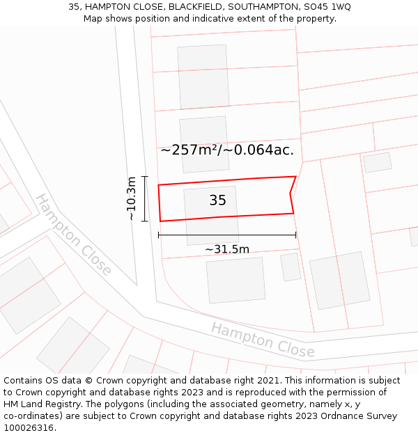 35, HAMPTON CLOSE, BLACKFIELD, SOUTHAMPTON, SO45 1WQ: Plot and title map