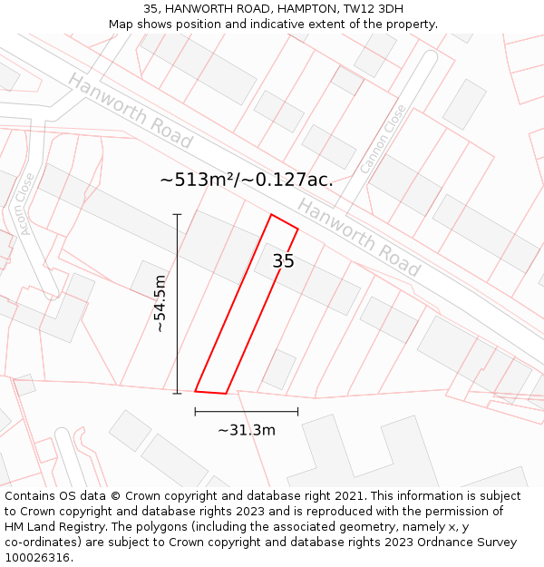 35, HANWORTH ROAD, HAMPTON, TW12 3DH: Plot and title map