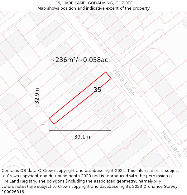 35, HARE LANE, GODALMING, GU7 3EE: Plot and title map