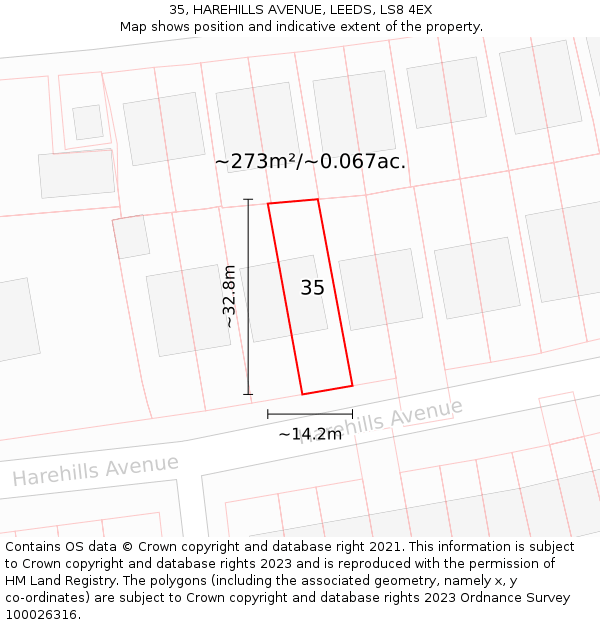 35, HAREHILLS AVENUE, LEEDS, LS8 4EX: Plot and title map