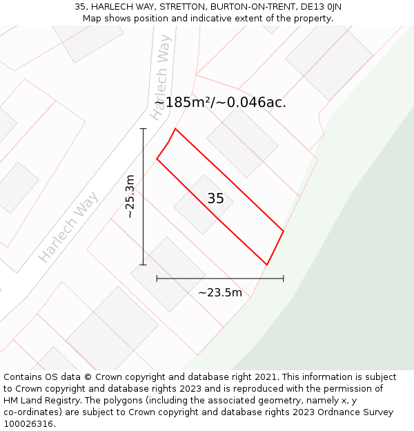 35, HARLECH WAY, STRETTON, BURTON-ON-TRENT, DE13 0JN: Plot and title map