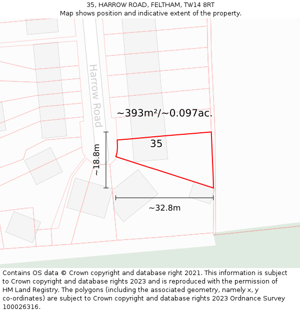 35, HARROW ROAD, FELTHAM, TW14 8RT: Plot and title map