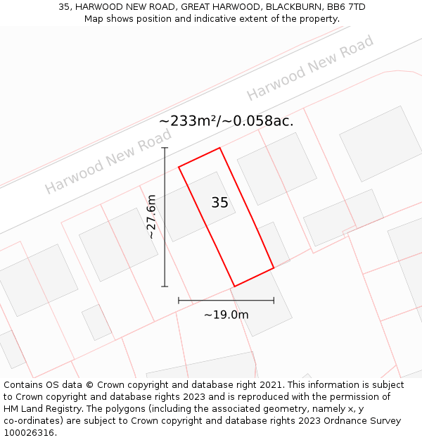 35, HARWOOD NEW ROAD, GREAT HARWOOD, BLACKBURN, BB6 7TD: Plot and title map