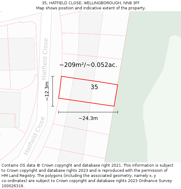 35, HATFIELD CLOSE, WELLINGBOROUGH, NN8 3FF: Plot and title map