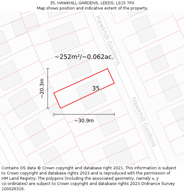 35, HAWKHILL GARDENS, LEEDS, LS15 7PX: Plot and title map
