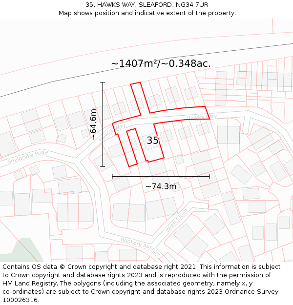 35, HAWKS WAY, SLEAFORD, NG34 7UR: Plot and title map
