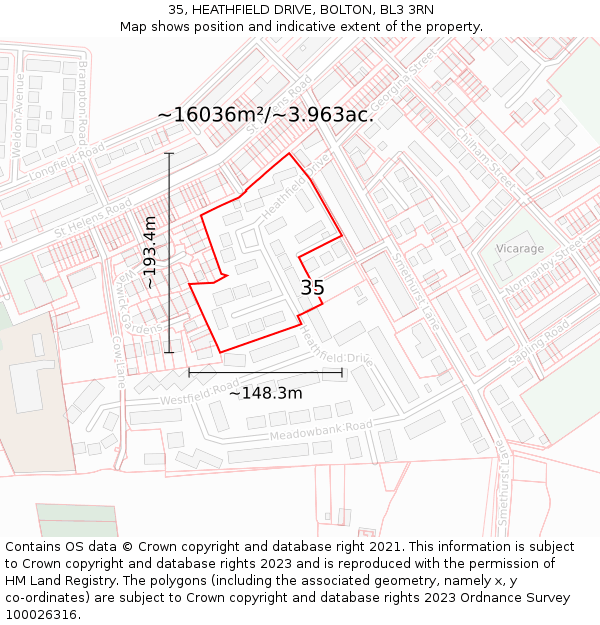 35, HEATHFIELD DRIVE, BOLTON, BL3 3RN: Plot and title map