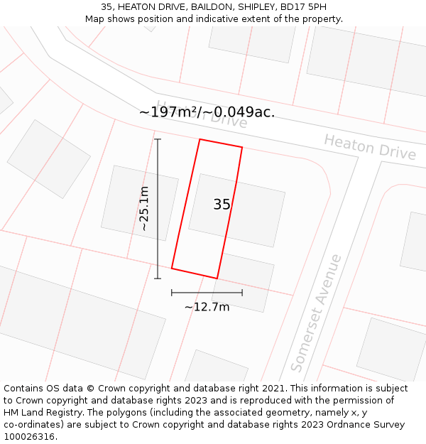 35, HEATON DRIVE, BAILDON, SHIPLEY, BD17 5PH: Plot and title map