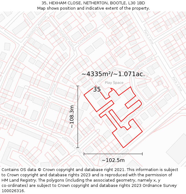 35, HEXHAM CLOSE, NETHERTON, BOOTLE, L30 1BD: Plot and title map