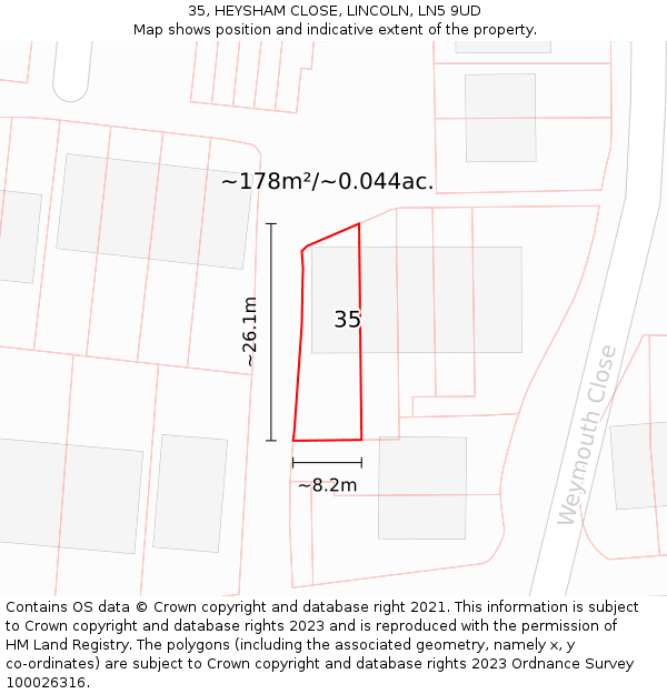 35, HEYSHAM CLOSE, LINCOLN, LN5 9UD: Plot and title map