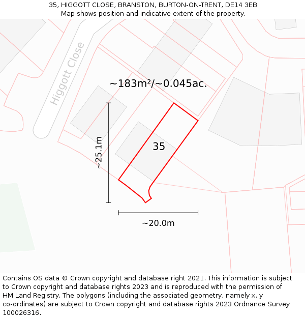 35, HIGGOTT CLOSE, BRANSTON, BURTON-ON-TRENT, DE14 3EB: Plot and title map