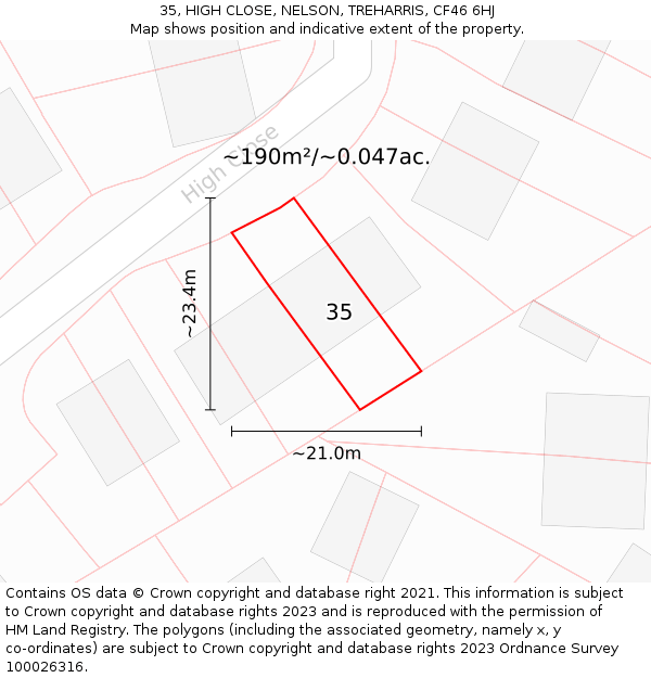35, HIGH CLOSE, NELSON, TREHARRIS, CF46 6HJ: Plot and title map