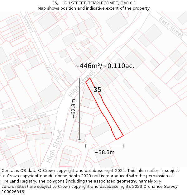35, HIGH STREET, TEMPLECOMBE, BA8 0JF: Plot and title map