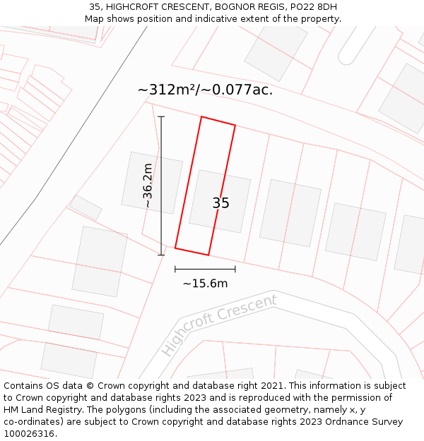 35, HIGHCROFT CRESCENT, BOGNOR REGIS, PO22 8DH: Plot and title map