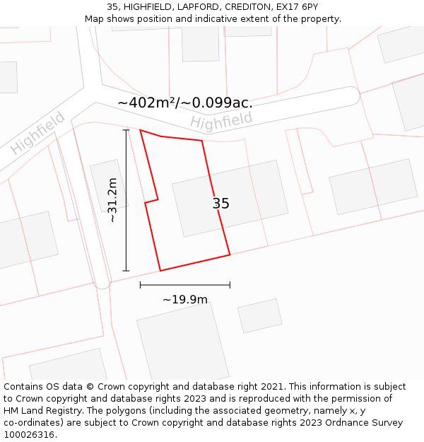 35, HIGHFIELD, LAPFORD, CREDITON, EX17 6PY: Plot and title map