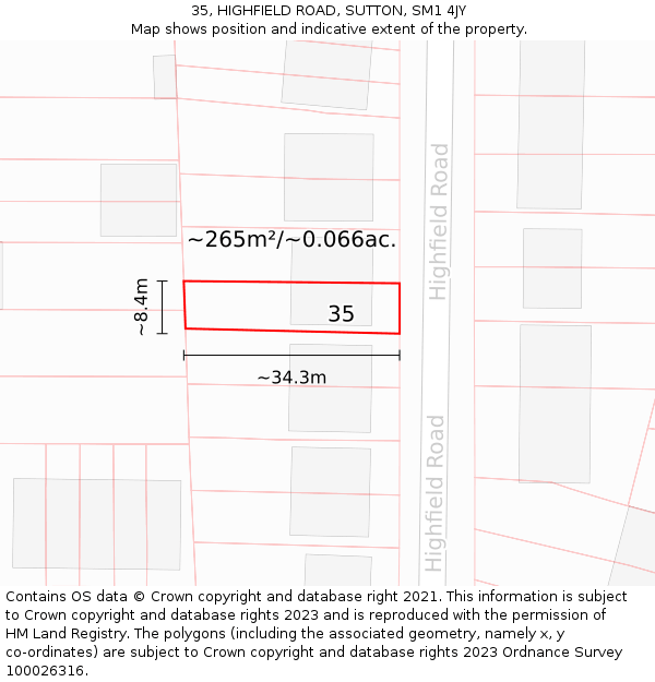 35, HIGHFIELD ROAD, SUTTON, SM1 4JY: Plot and title map