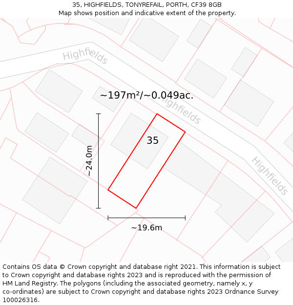 35, HIGHFIELDS, TONYREFAIL, PORTH, CF39 8GB: Plot and title map