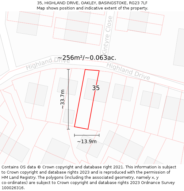 35, HIGHLAND DRIVE, OAKLEY, BASINGSTOKE, RG23 7LF: Plot and title map