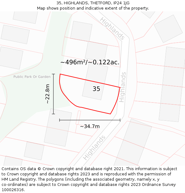 35, HIGHLANDS, THETFORD, IP24 1JG: Plot and title map