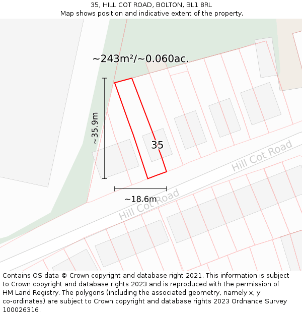 35, HILL COT ROAD, BOLTON, BL1 8RL: Plot and title map